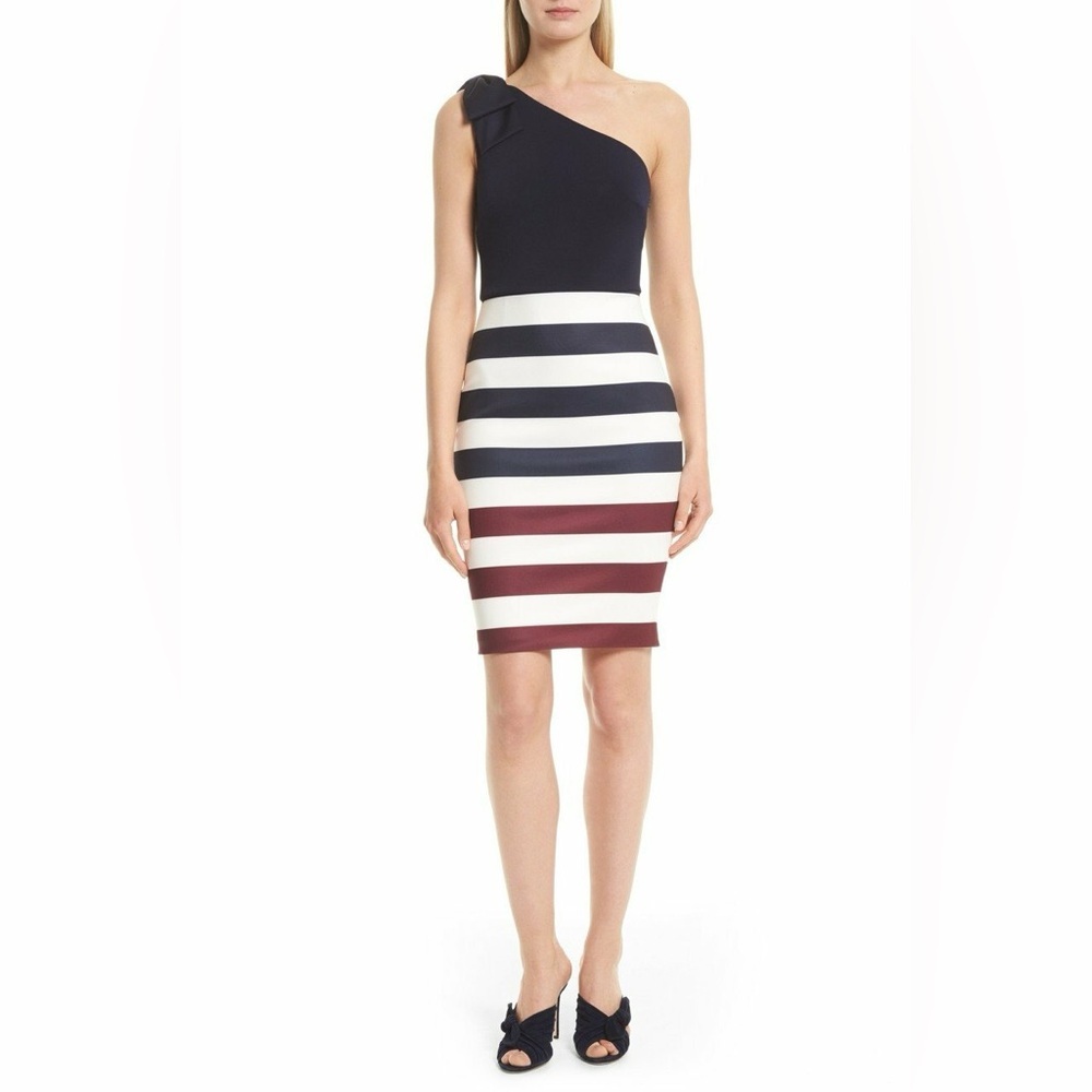 Ted Baker London Hilila Rowing Stripe One Shoulder Dress Women Navy NWT Size 10